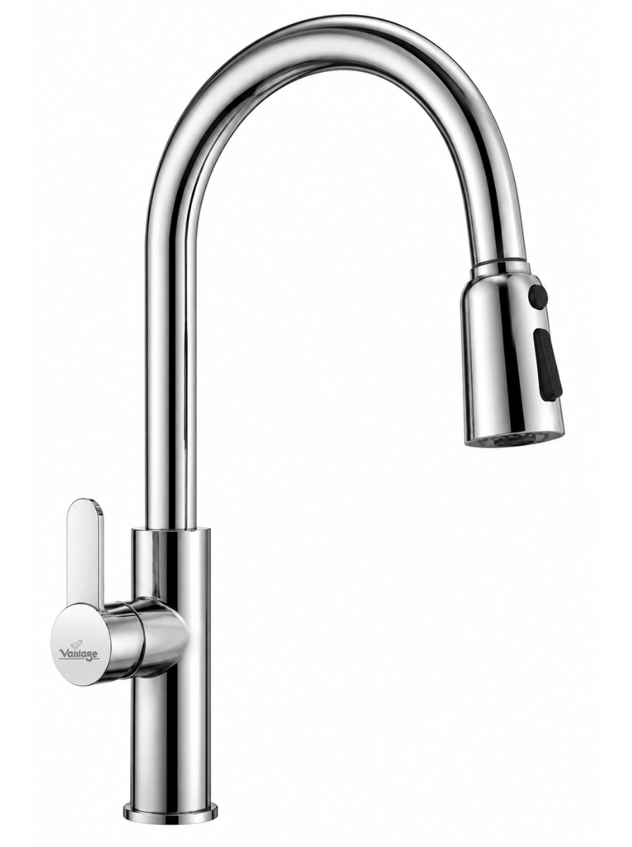 Single Lever Sink Mixer Floor Mounted with Pull Out Sprayer Dual Flow (Brass)